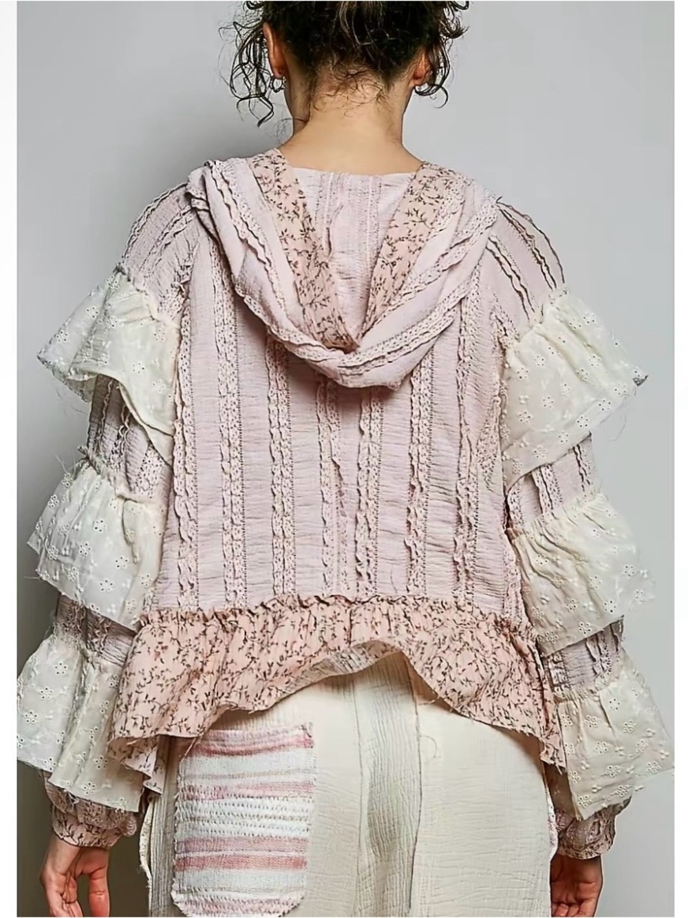 POL Boho Ruffle Lace & Floral Hoodie Peasant Top - Picture 7 of 7